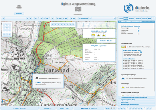 Digitale Wegeverwaltung, Anzeige sichtbare Wege im Kartenausschnitt